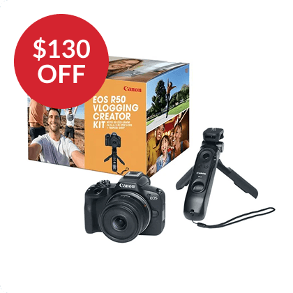 The Canon EOS R50 Video Creator Kit with Lens and Tripod Grip
