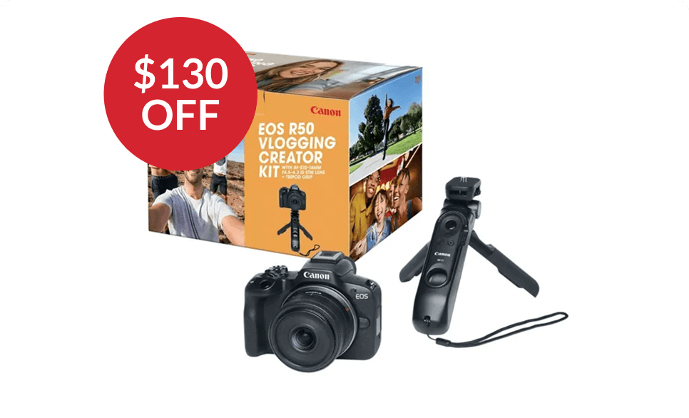 The Canon EOS R50 Video Creator Kit with Lens and Tripod Grip